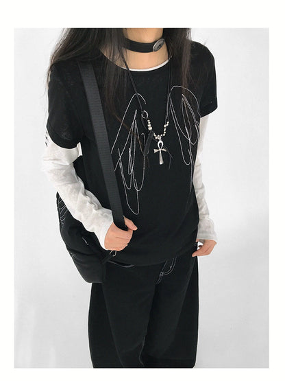 Wings Embroidered Y2K Print Layering Tee
