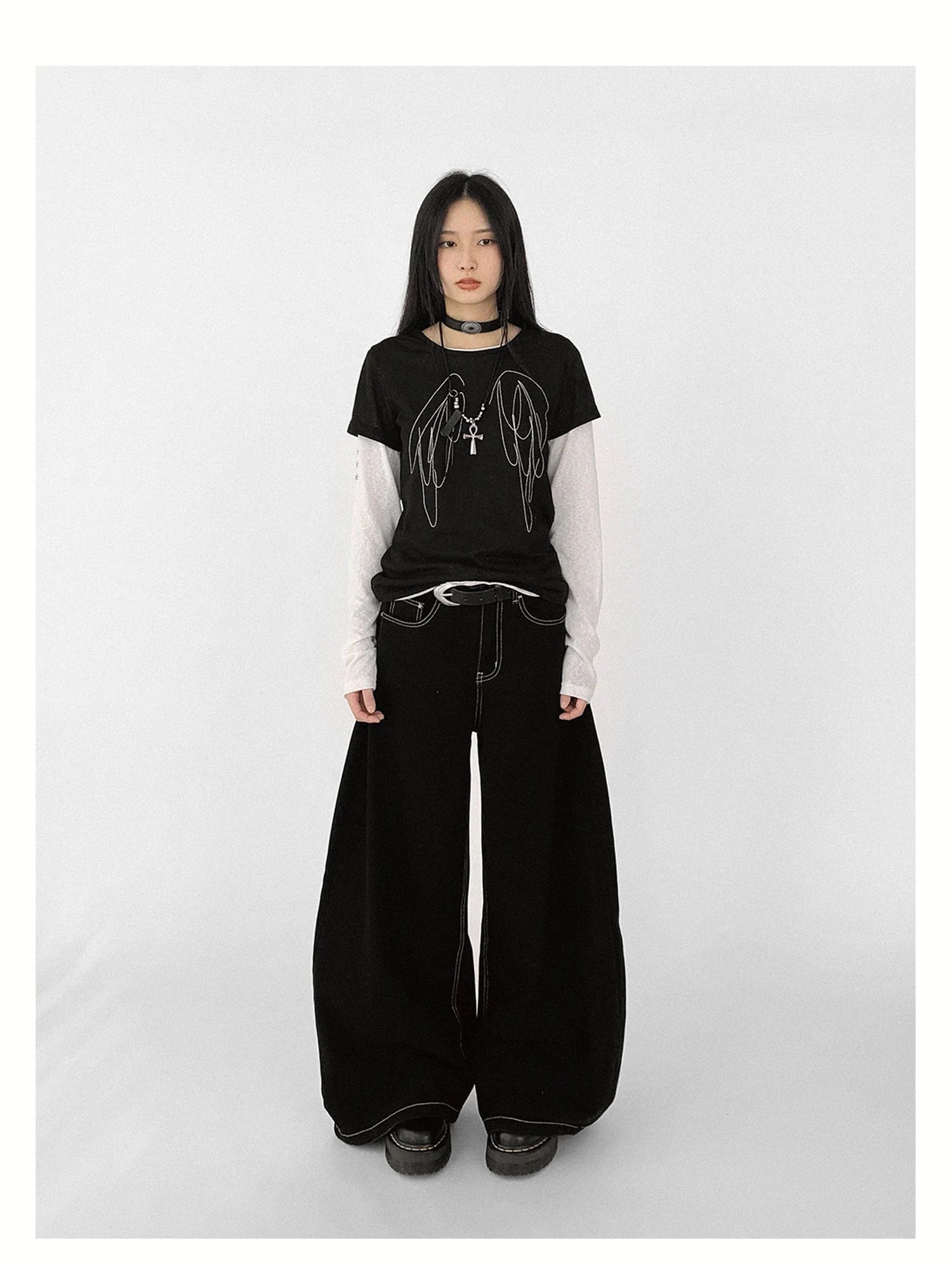 Wings Embroidered Y2K Print Layering Tee