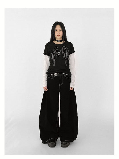 Wings Embroidered Y2K Print Layering Tee