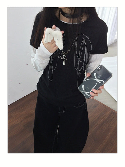 Wings Embroidered Y2K Print Layering Tee