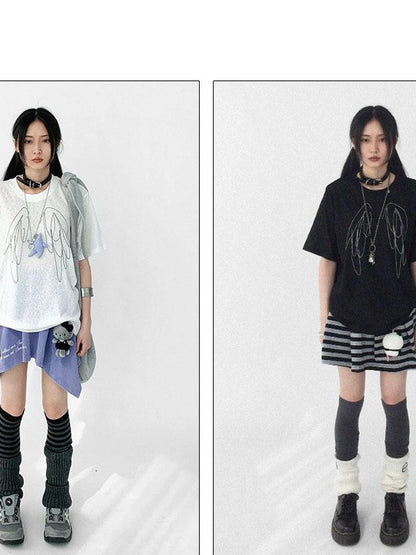 Wings Embroidered Y2K Print Layering Tee