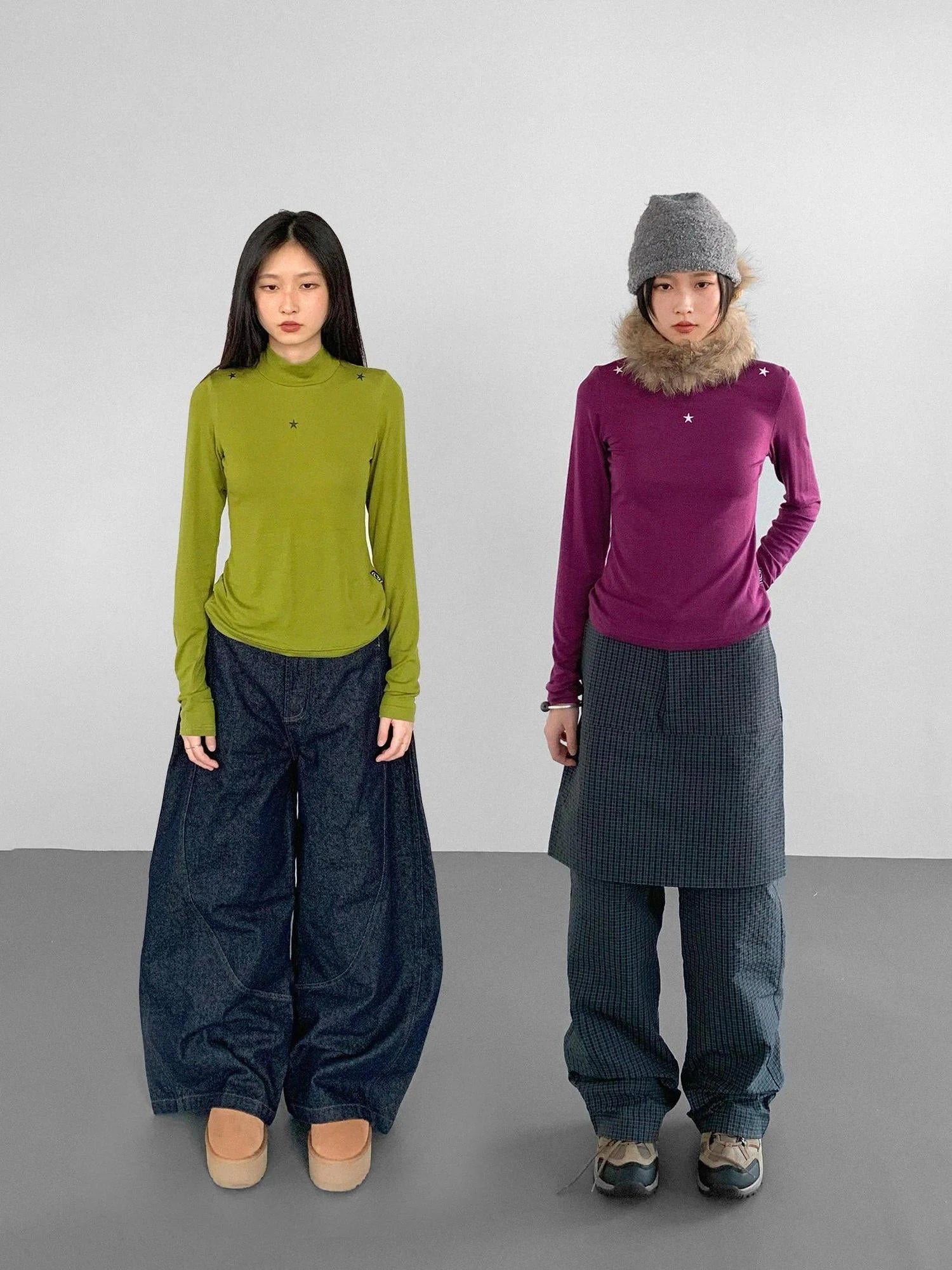 Wool Blend Star Print Mock Neck Long Sleeve Top