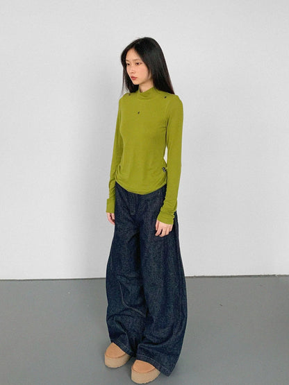 Wool Blend Star Print Mock Neck Long Sleeve Top