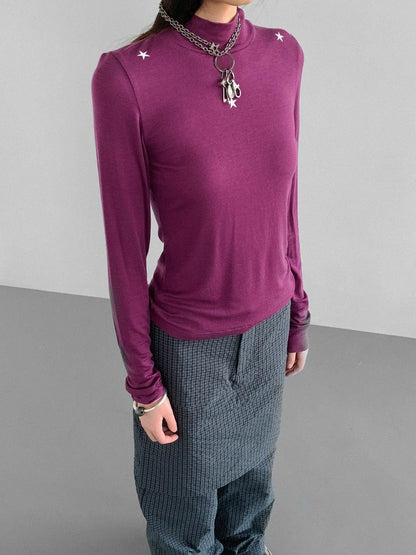 Wool Blend Star Print Mock Neck Long Sleeve Top