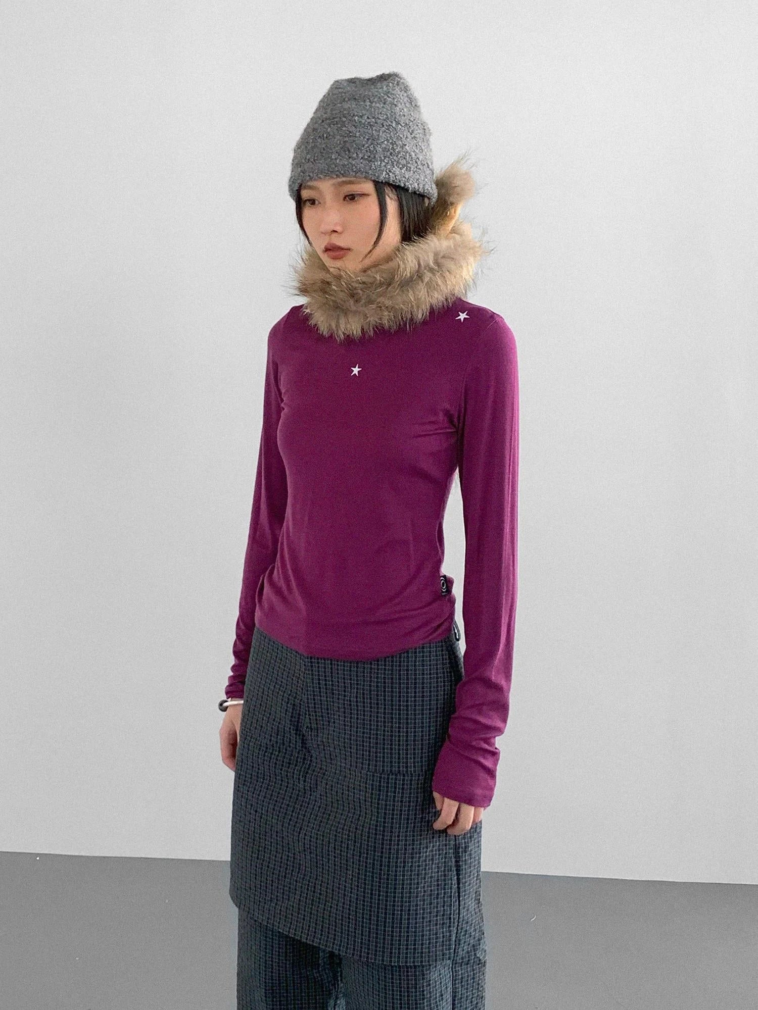 Wool Blend Star Print Mock Neck Long Sleeve Top