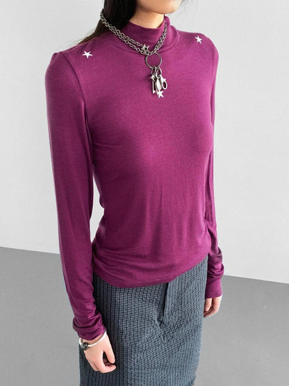 Wool Blend Star Print Mock Neck Long Sleeve Top