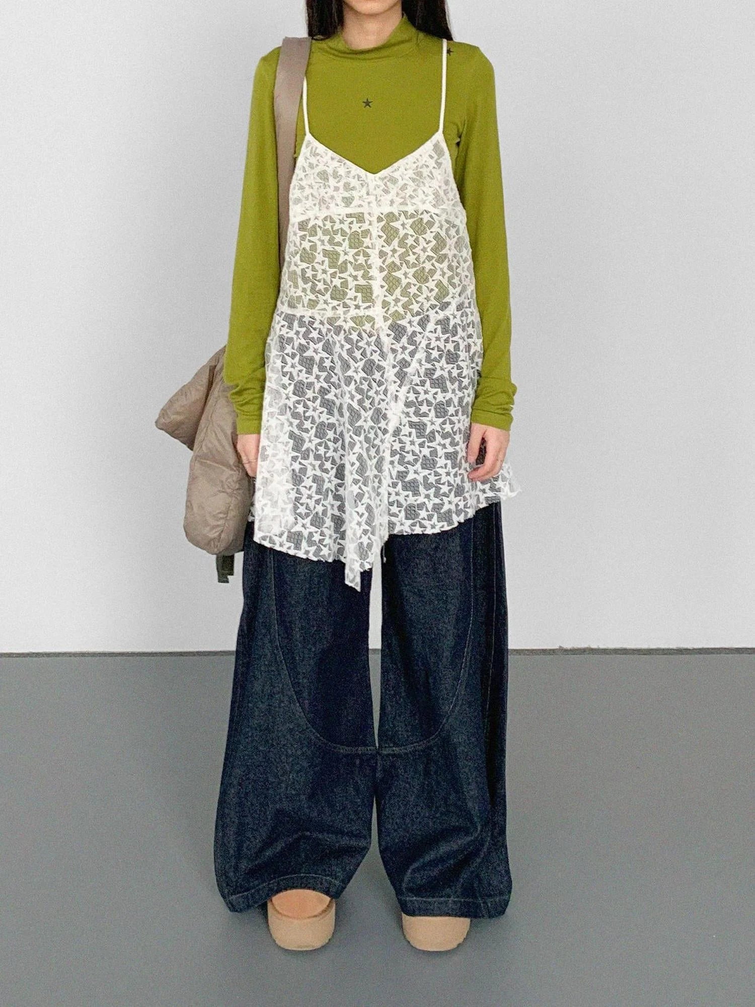 Wool Blend Star Print Mock Neck Long Sleeve Top