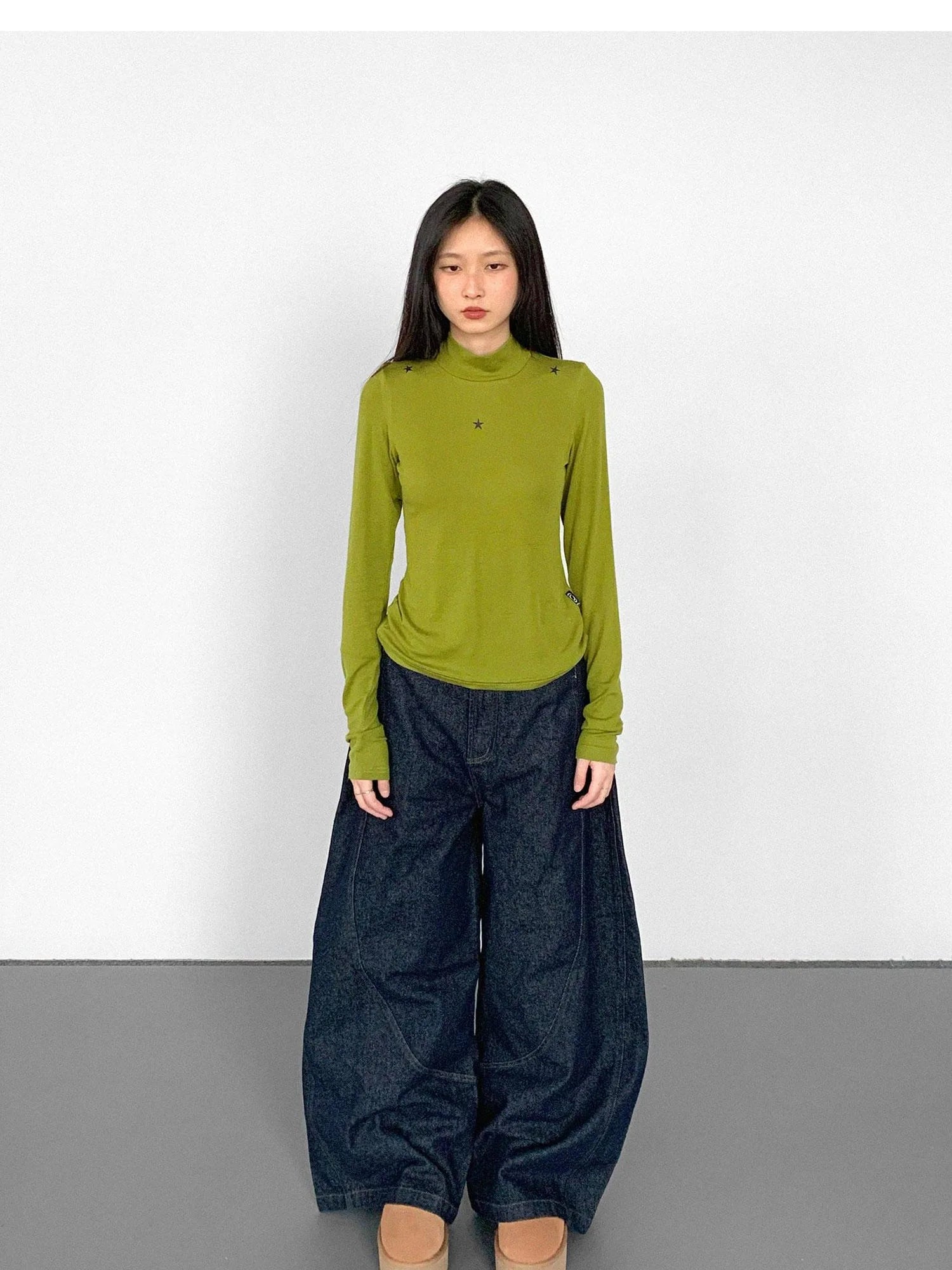 Wool Blend Star Print Mock Neck Long Sleeve Top