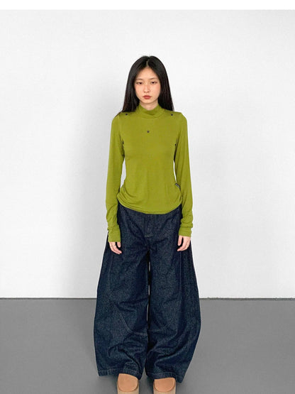 Wool Blend Star Print Mock Neck Long Sleeve Top