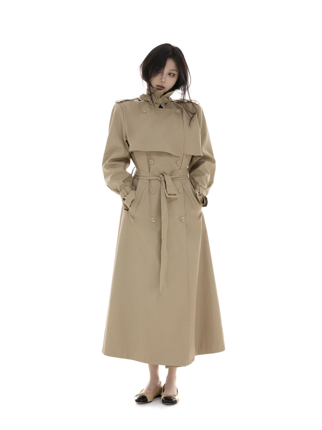 itsdinn A Line Tailored Long Cape Double Breasted Stand Collar Women&