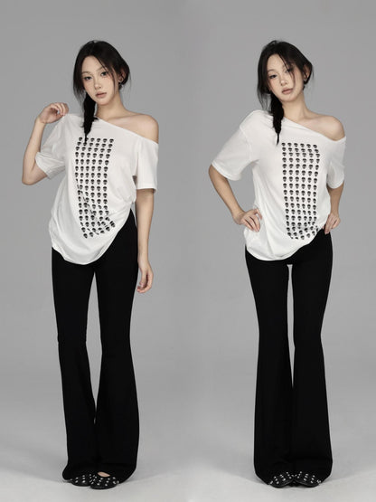 itsdinn Allover Skull Print Off Shoulder Women&