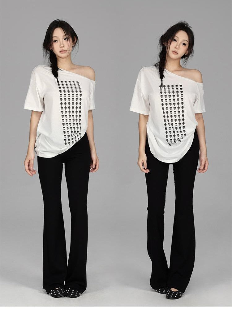 itsdinn Allover Skull Print Off Shoulder Women&