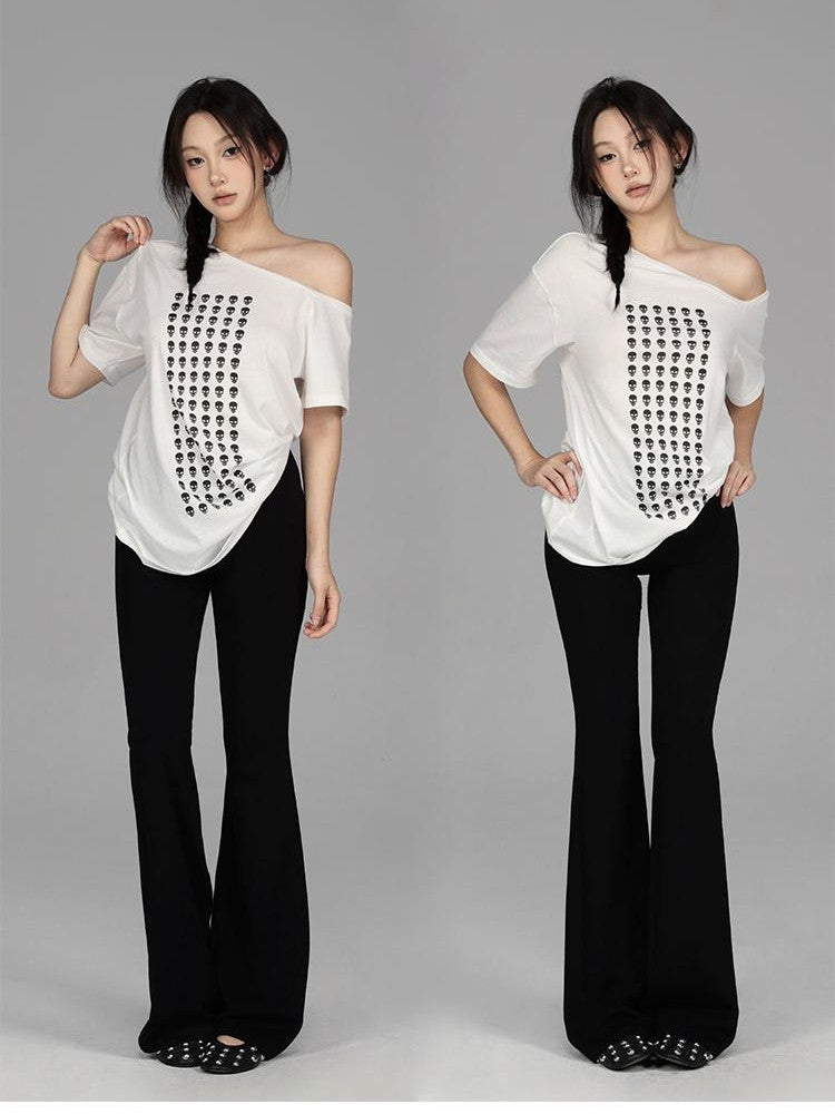 itsdinn Allover Skull Print Off Shoulder Women&