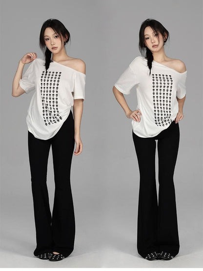 itsdinn Allover Skull Print Off Shoulder Women&