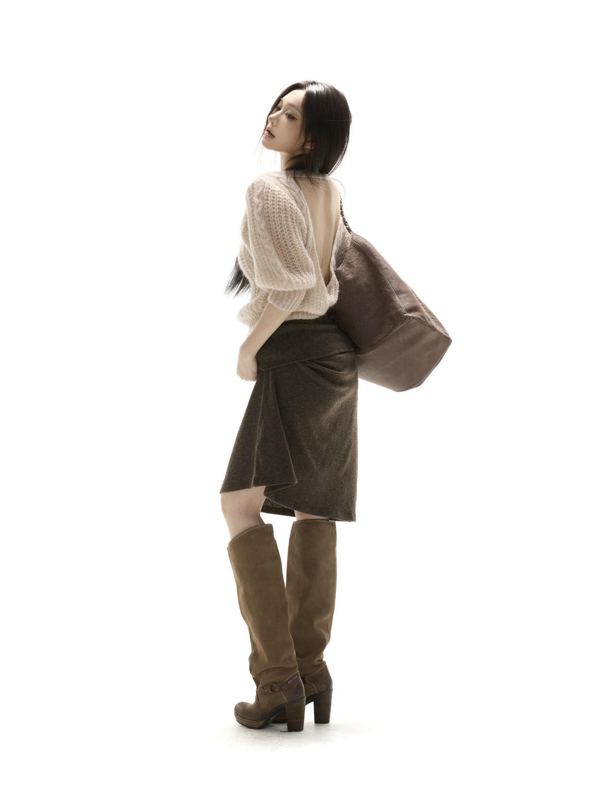 itsdinn Apricot Open Back Puff Sleeve Cable Women&