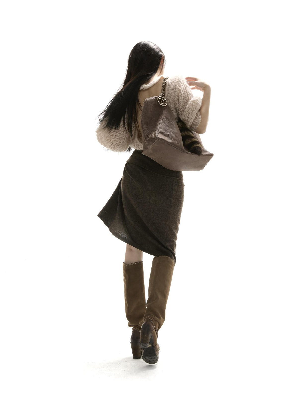 itsdinn Apricot Open Back Puff Sleeve Cable Women&