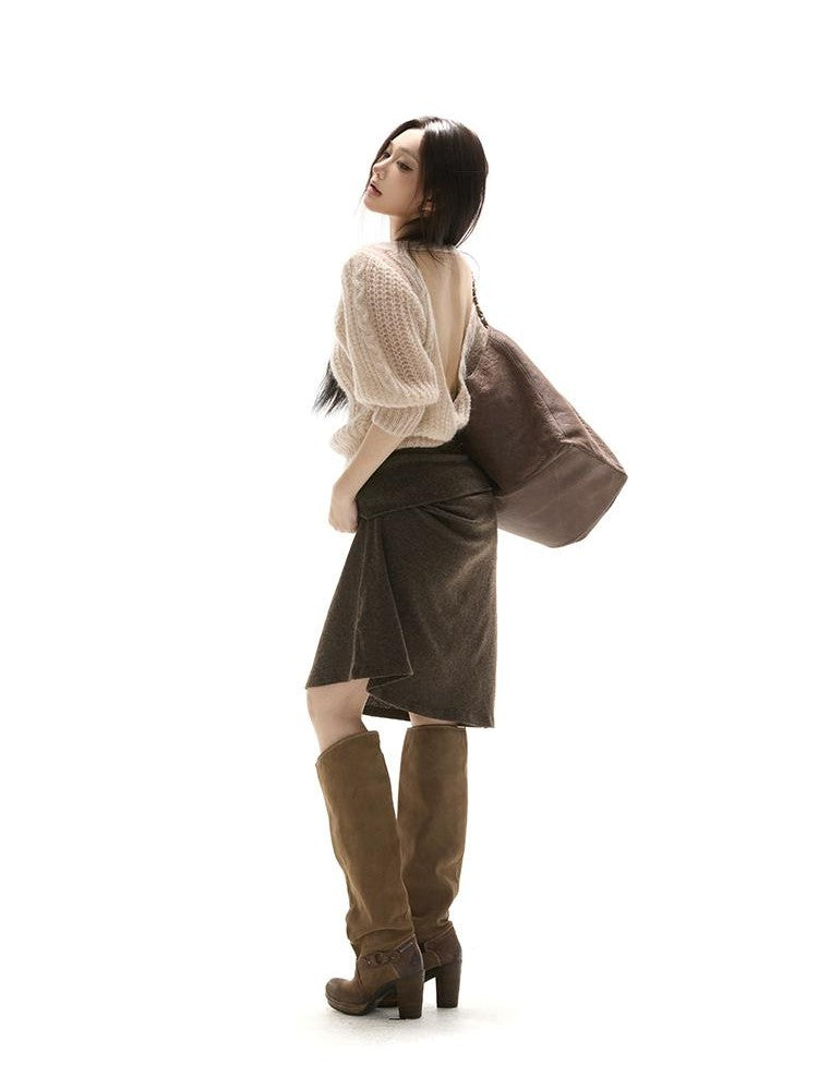 itsdinn Apricot Open Back Puff Sleeve Cable Women&