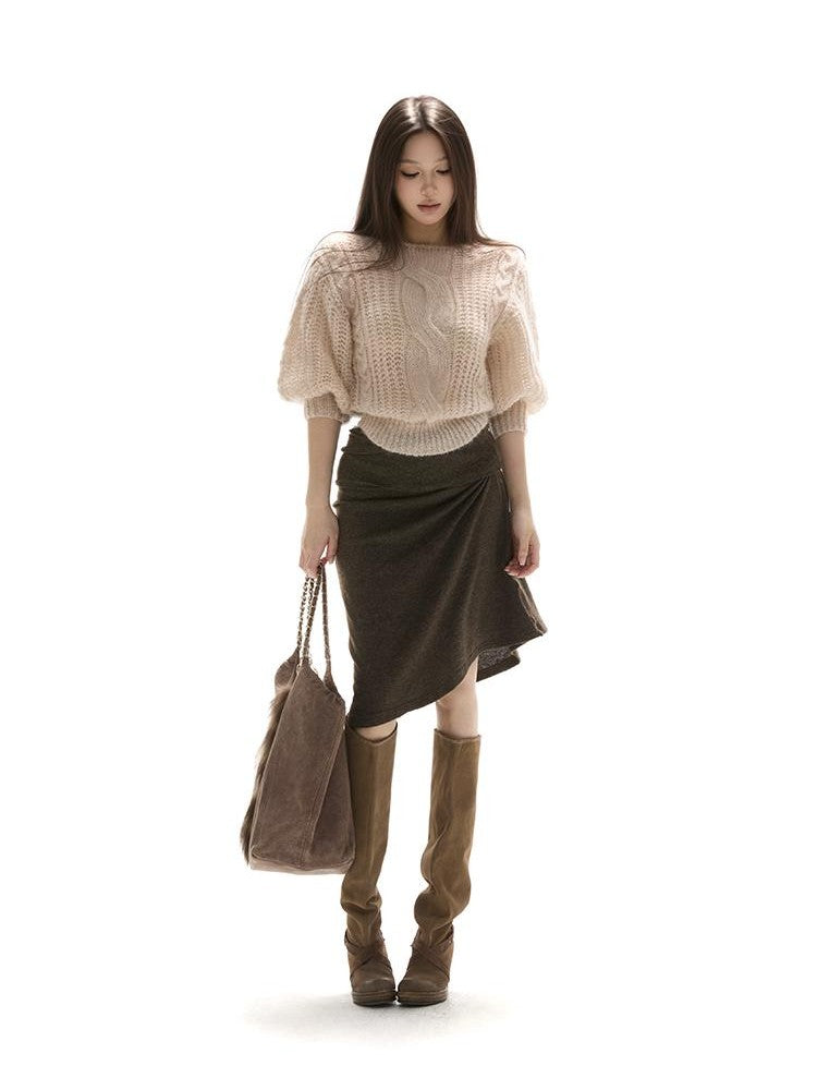 itsdinn Apricot Open Back Puff Sleeve Cable Women&