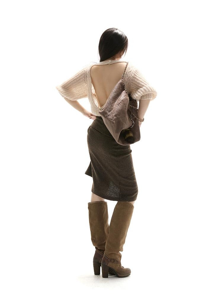 itsdinn Apricot Open Back Puff Sleeve Cable Women&
