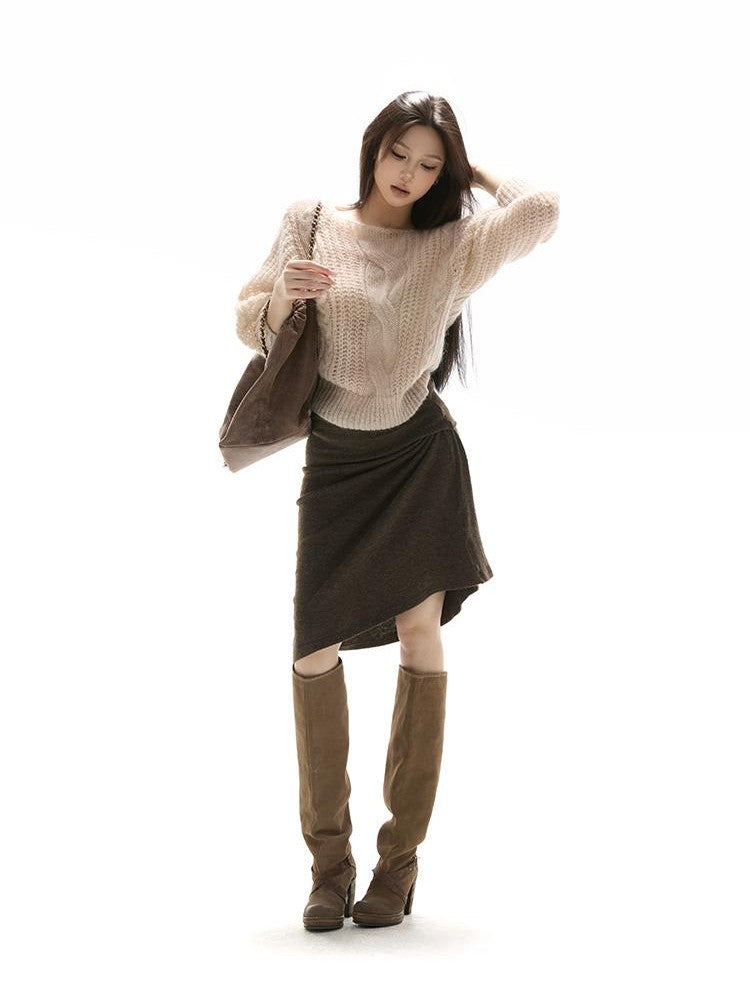 itsdinn Apricot Open Back Puff Sleeve Cable Women&