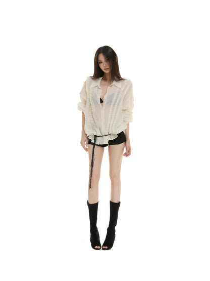 itsdinn Apricot Retro Ruffle Lapel Button Sheer Crinkle Lantern Women&