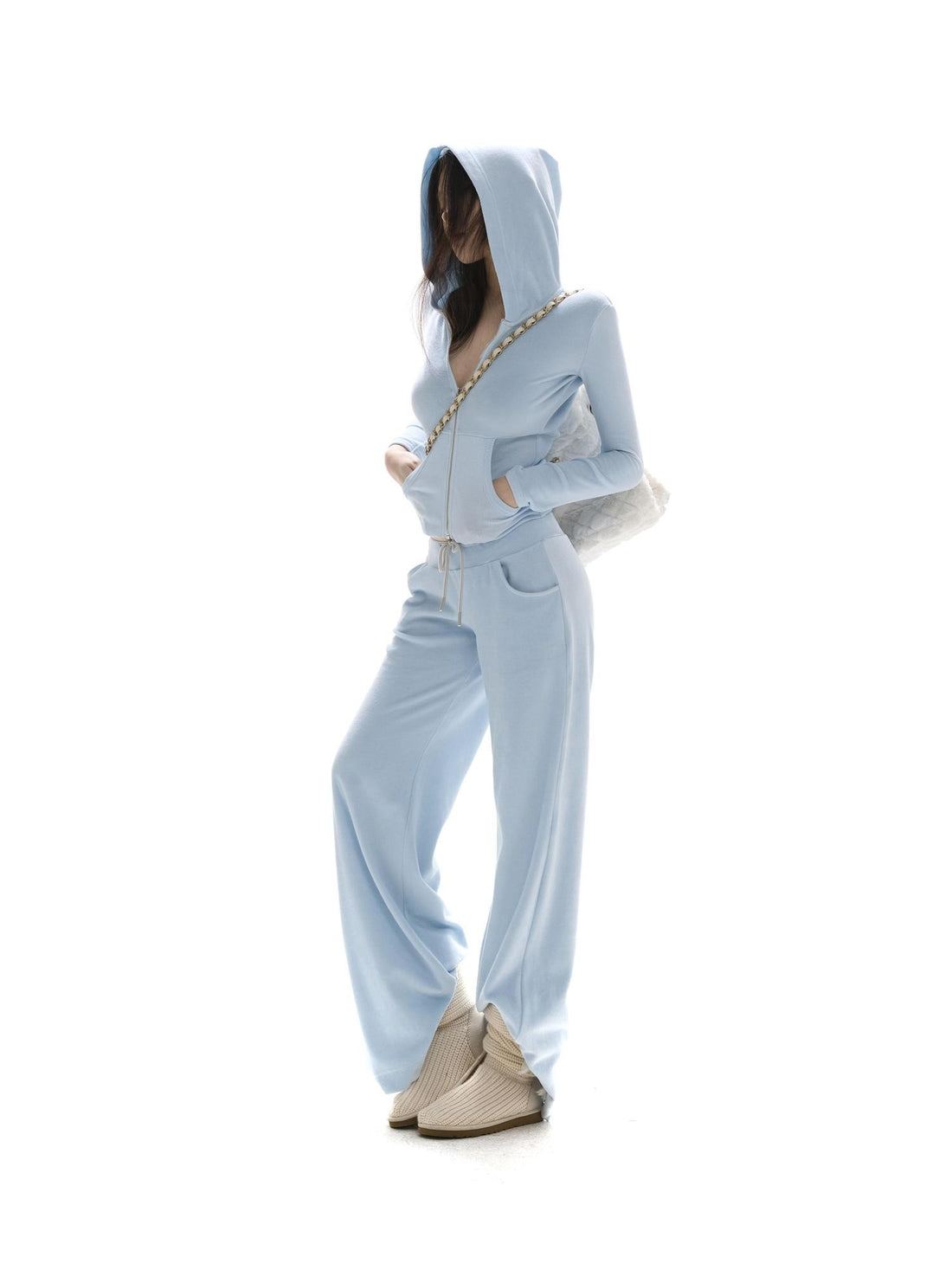 itsdinn Baby Blue Velvet Texture Slim Fit Hooded Women&