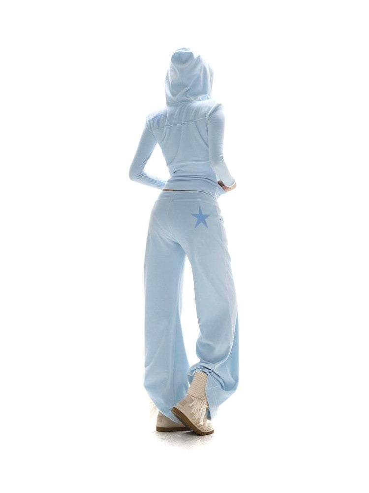 itsdinn Baby Blue Velvet Texture Slim Fit Hooded Women&