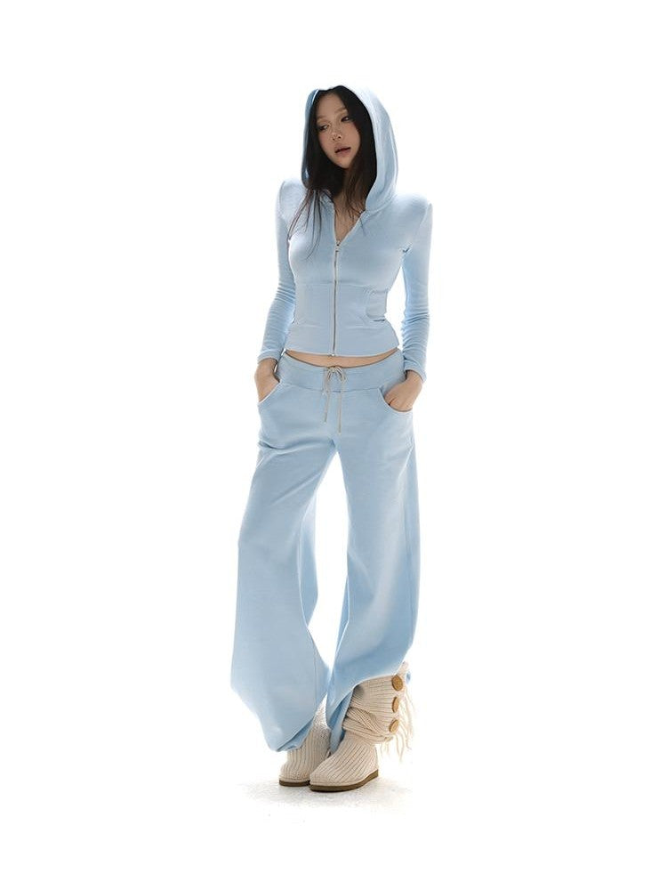 itsdinn Baby Blue Velvet Texture Slim Fit Hooded Women&