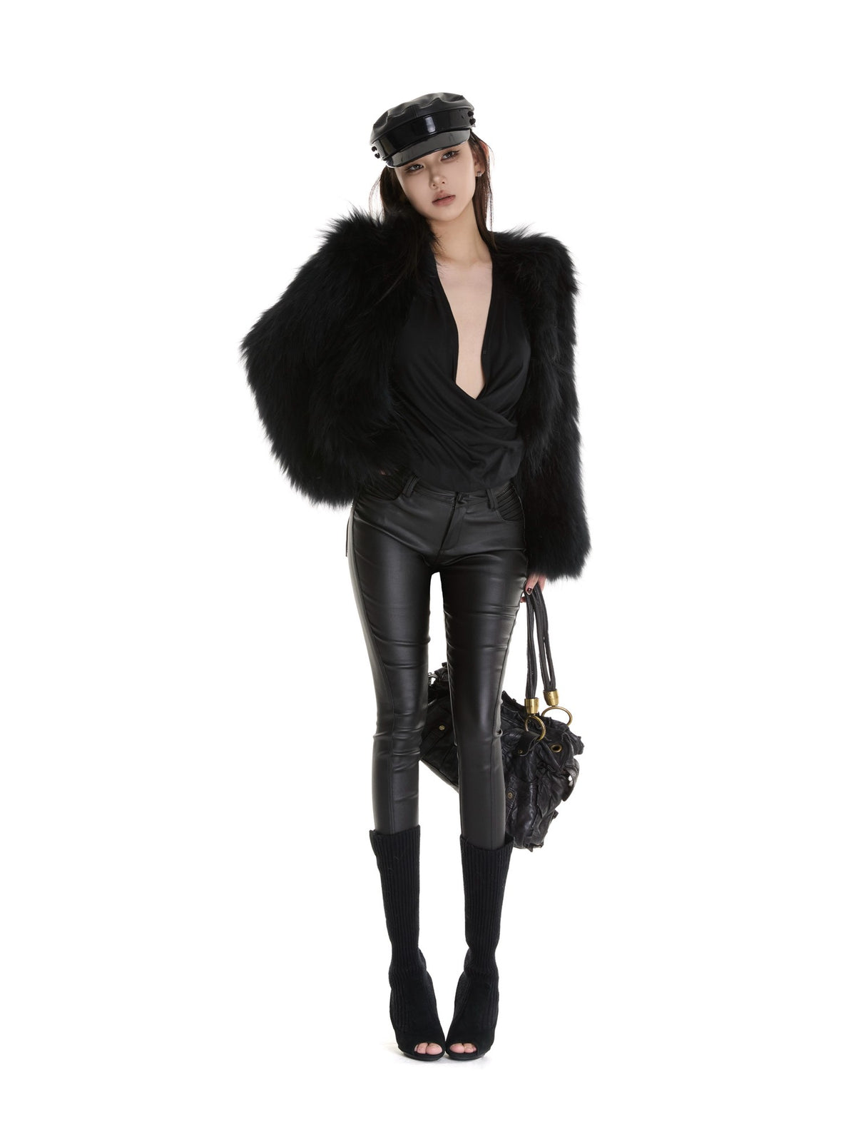 itsdinn Biker Pleated Zipper Cropped Tapered Women&