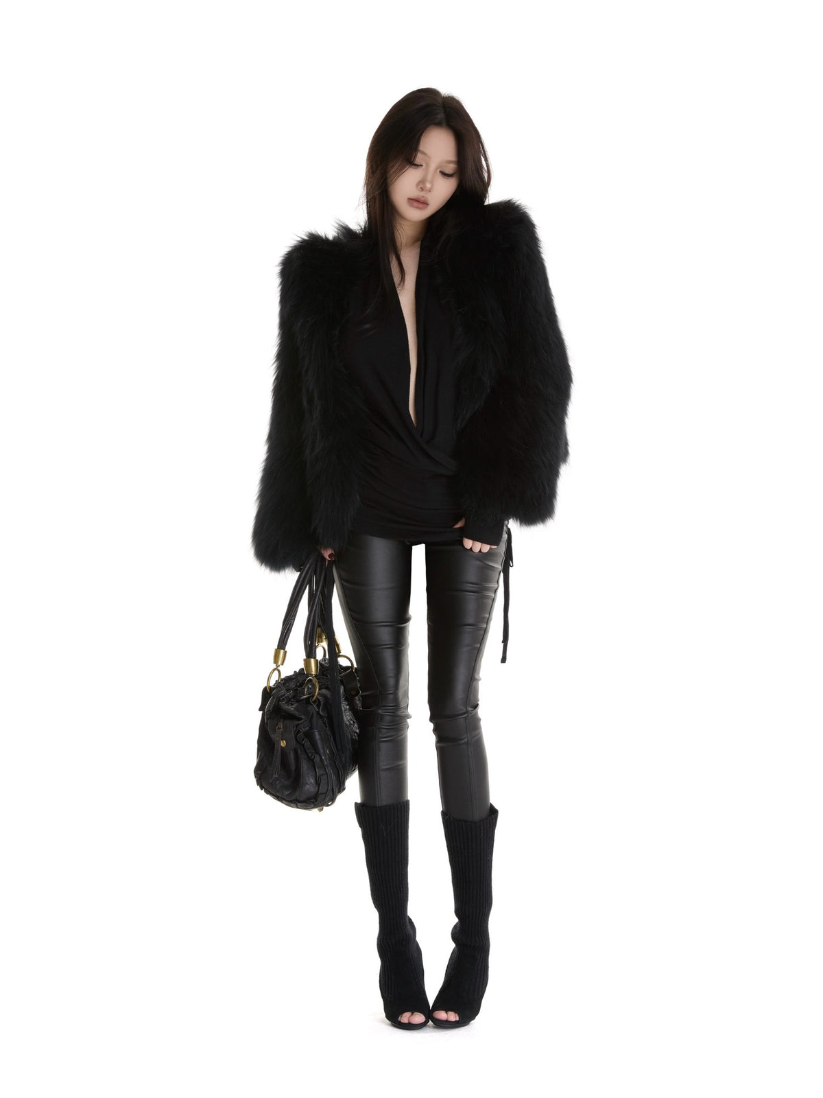 itsdinn Biker Pleated Zipper Cropped Tapered Women&