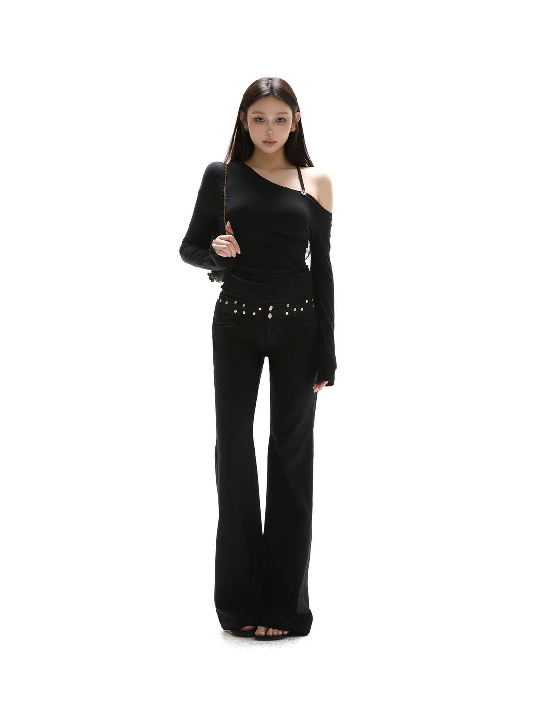itsdinn Black Asymmetric Button Shoulder Slanted Neck Women&