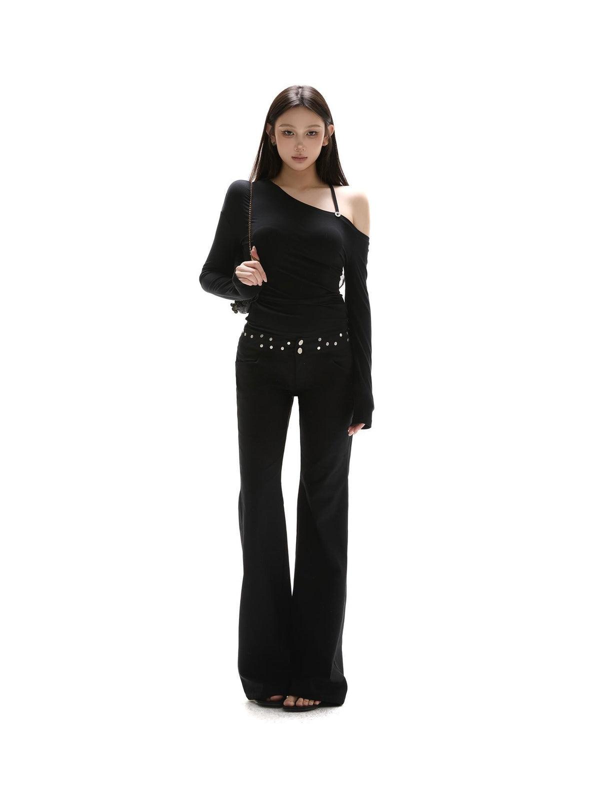 itsdinn Black Asymmetric Button Shoulder Slanted Neck Women&