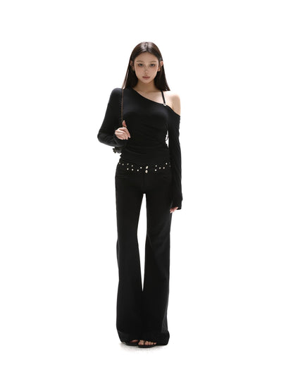 itsdinn Black Asymmetric Button Shoulder Slanted Neck Women&