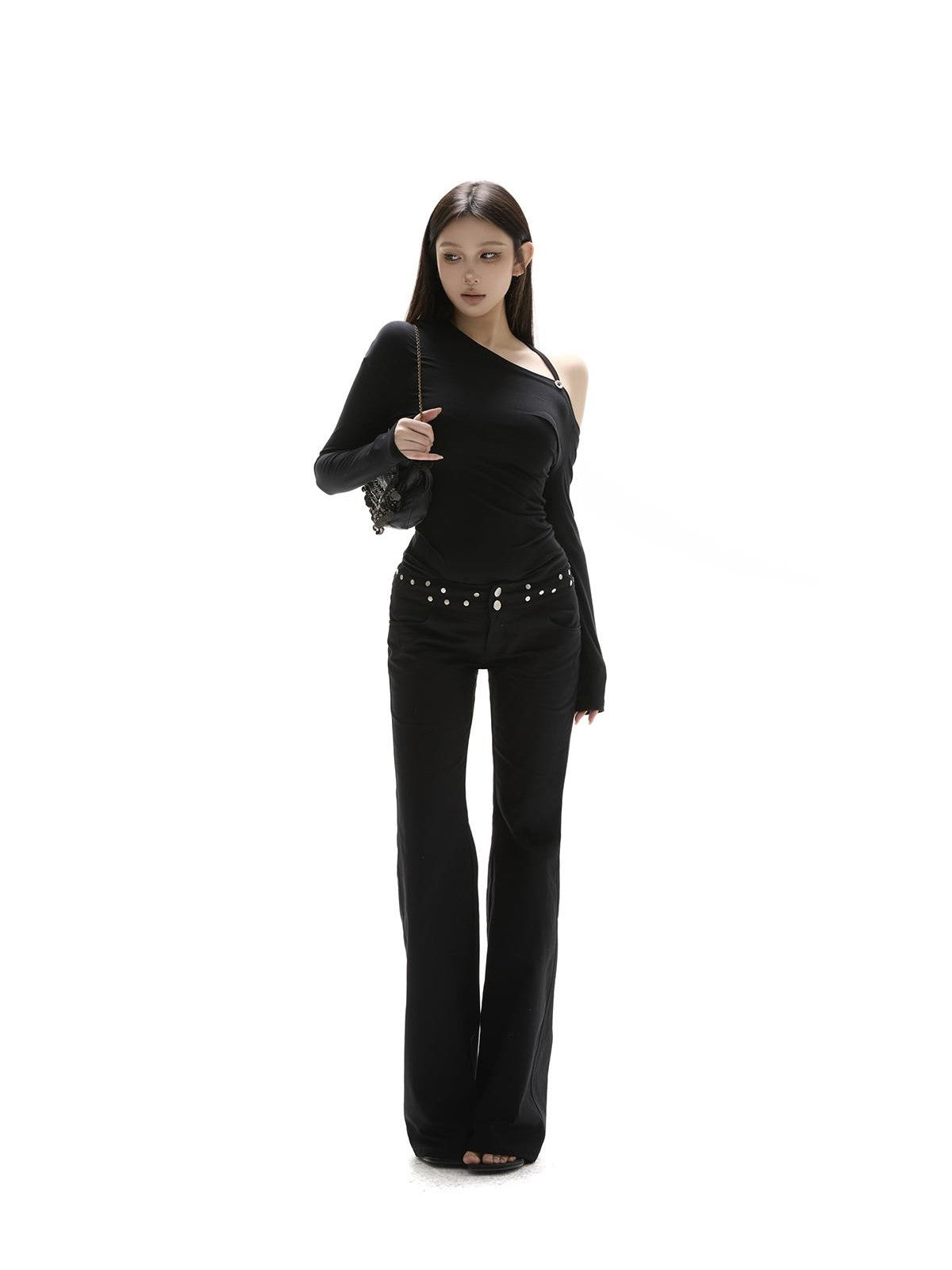 itsdinn Black Asymmetric Button Shoulder Slanted Neck Women&