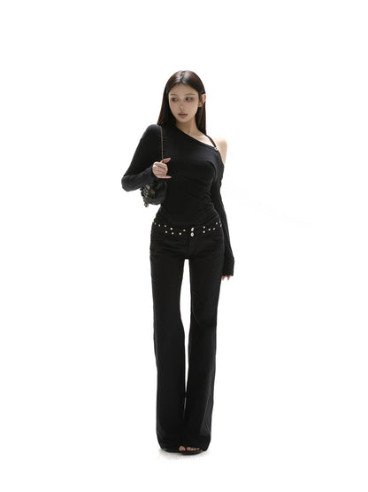 itsdinn Black Asymmetric Button Shoulder Slanted Neck Women&