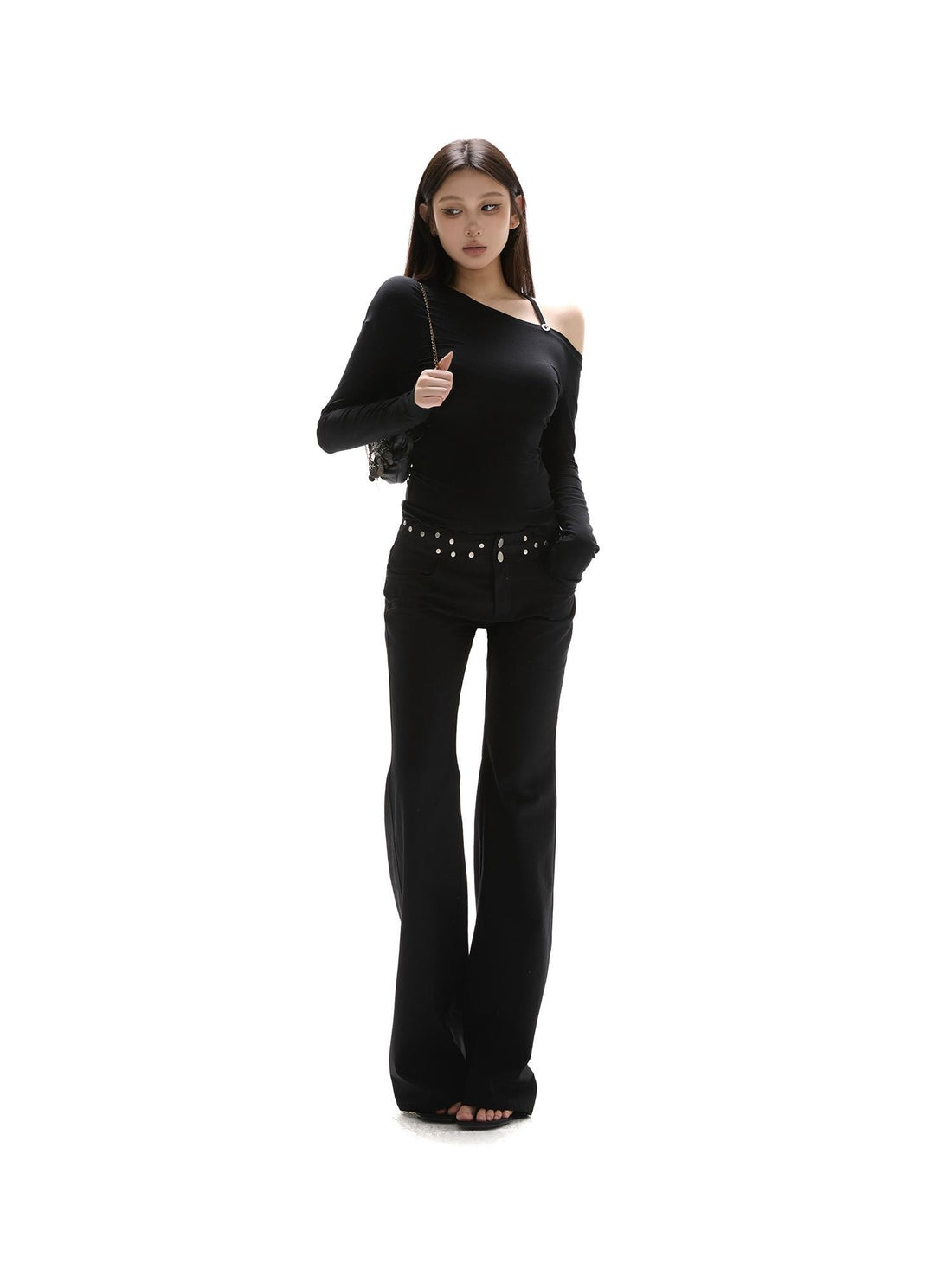 itsdinn Black Asymmetric Button Shoulder Slanted Neck Women&