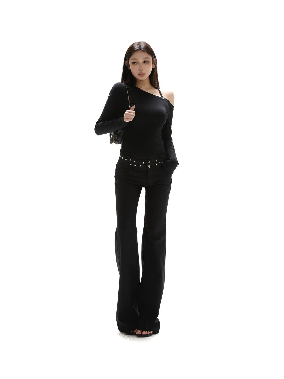 itsdinn Black Asymmetric Button Shoulder Slanted Neck Women&
