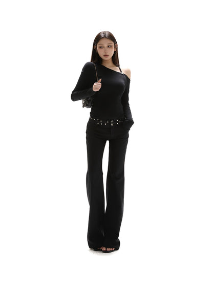 itsdinn Black Asymmetric Button Shoulder Slanted Neck Women&