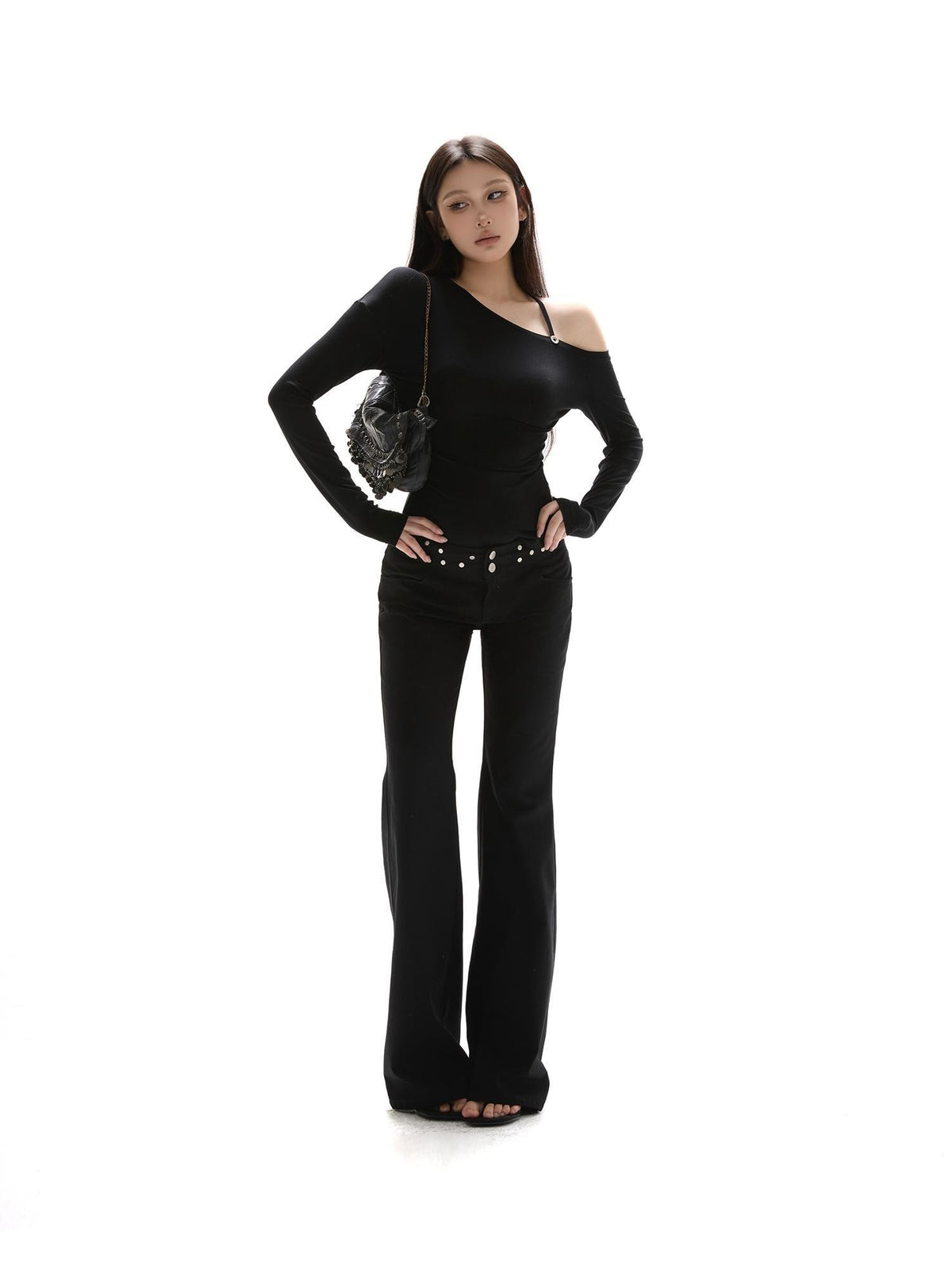 itsdinn Black Asymmetric Button Shoulder Slanted Neck Women&