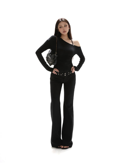 itsdinn Black Asymmetric Button Shoulder Slanted Neck Women&