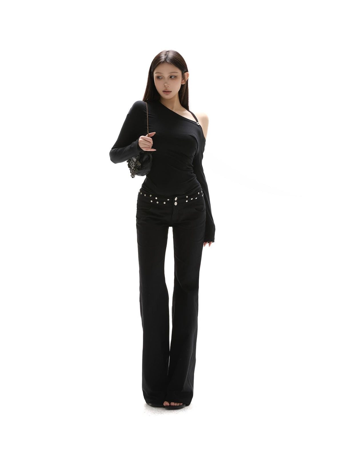 itsdinn Black Asymmetric Button Shoulder Slanted Neck Women&