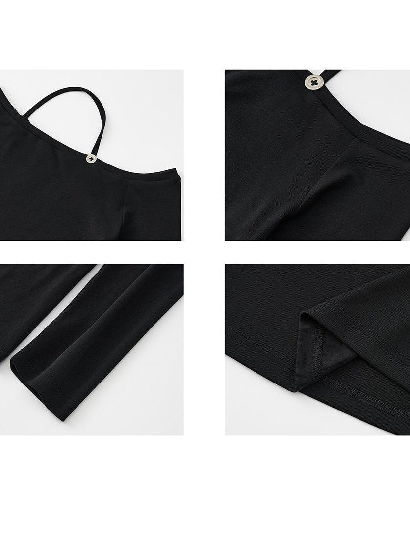 itsdinn Black Asymmetric Button Shoulder Slanted Neck Women&