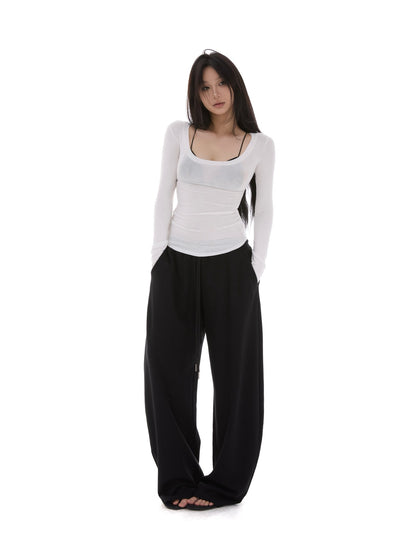 itsdinn Black Curved Cut Elastic Waist Women&