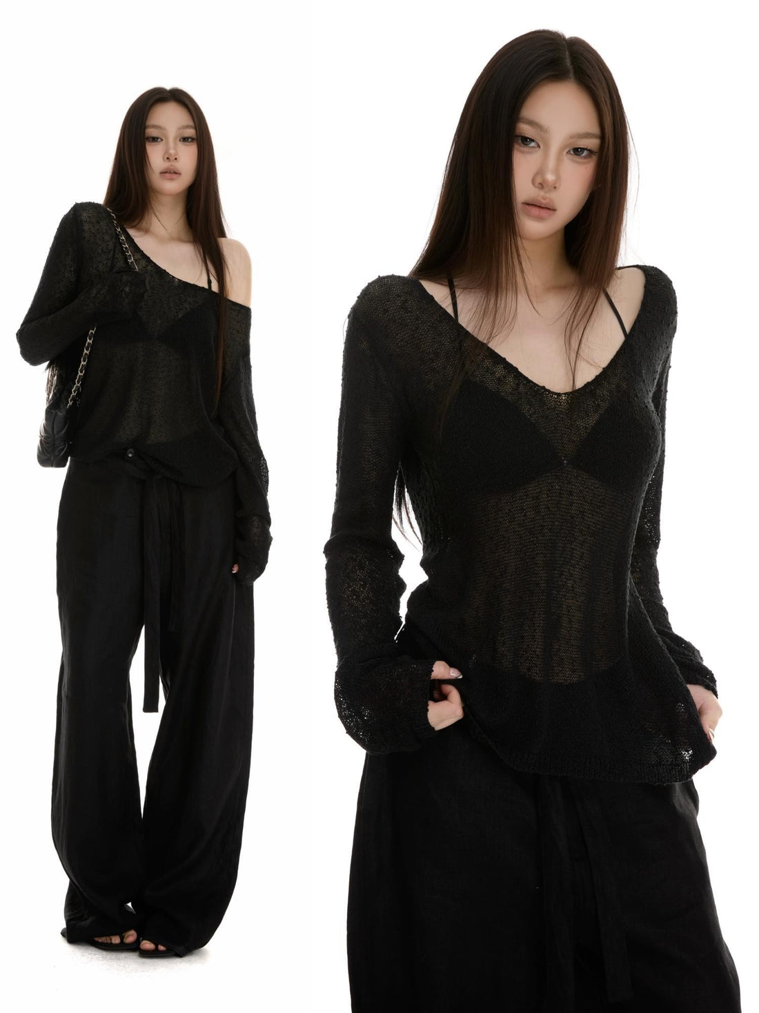 itsdinn Black Deep V-neck Drop Shoulder Long Sleeve Lightweight Loose Women&