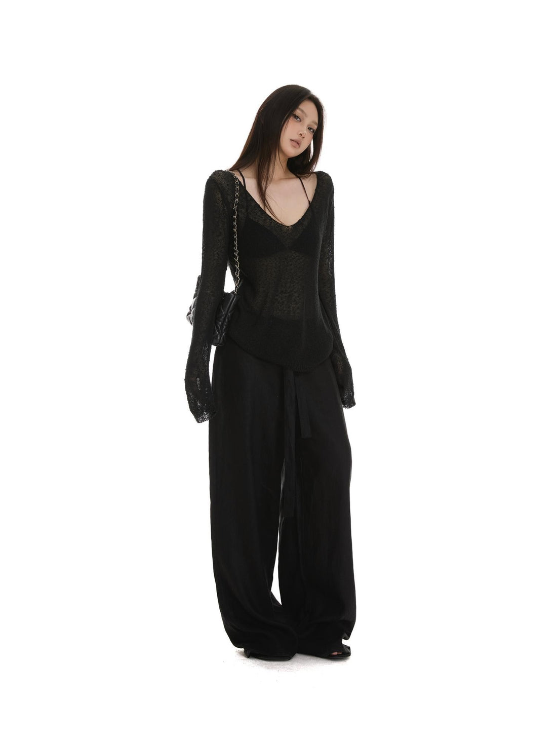 itsdinn Black Deep V-neck Drop Shoulder Long Sleeve Lightweight Loose Women&