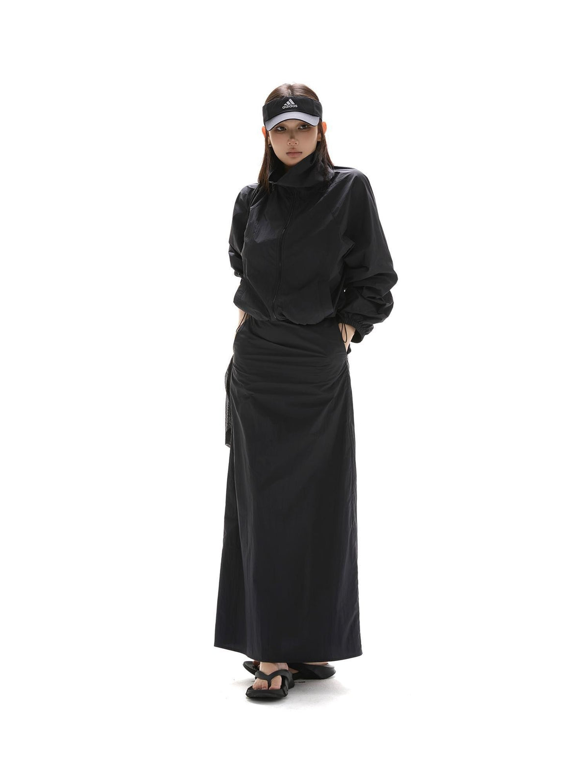 itsdinn Black Drawstring Lightweight A Line Slit Long Skirt Women&