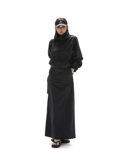 itsdinn Black Drawstring Lightweight A Line Slit Long Skirt Women&
