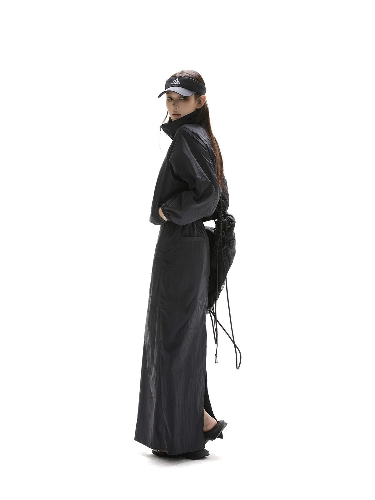 itsdinn Black Drawstring Lightweight A Line Slit Long Skirt Women&