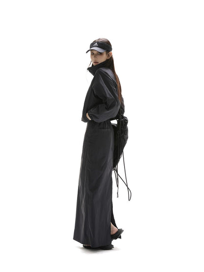 itsdinn Black Drawstring Lightweight A Line Slit Long Skirt Women&