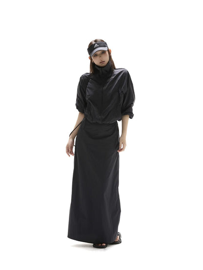 itsdinn Black Drawstring Lightweight A Line Slit Long Skirt Women&